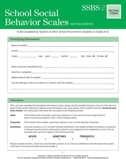School Social Behavior Scales Rating Scales 2/e
