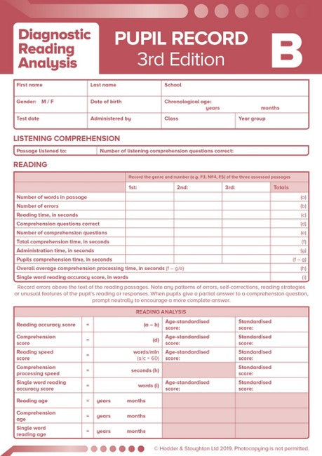 DRA Pupil Record Sheet B 3ED PK10 (Diagnostic Reading Analysis)